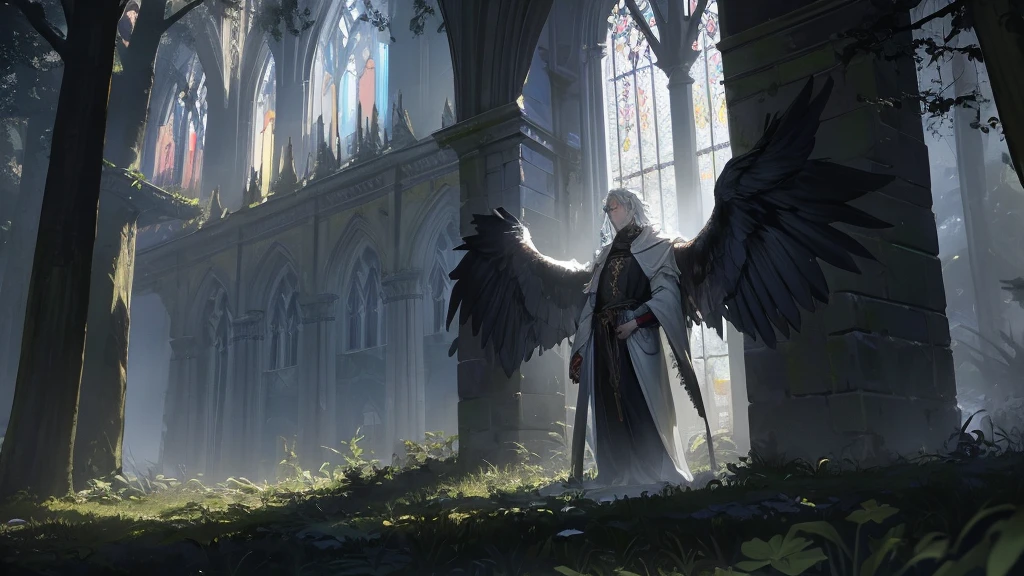 In a medieval dark fantasy scene, show Veridith, the grand Guardian of the skies, emerging from a grand cathedral situated in the heart of an ancient, dense forest. His body is bathed in golden light, and his massive silver wings spread wide, catching the light as he prepares to take flight. His pale blue eyes stand out against the dark, stormy sky. Surrounding him, towering trees and thick foliage create a mystical, shadowy atmosphere. The cathedral behind him is gothic and weathered, blending into the forest. The afternoon light filters through the trees, casting dramatic shadows and illuminating Veridith’s awe-inspiring presence as he ascends into the sky.