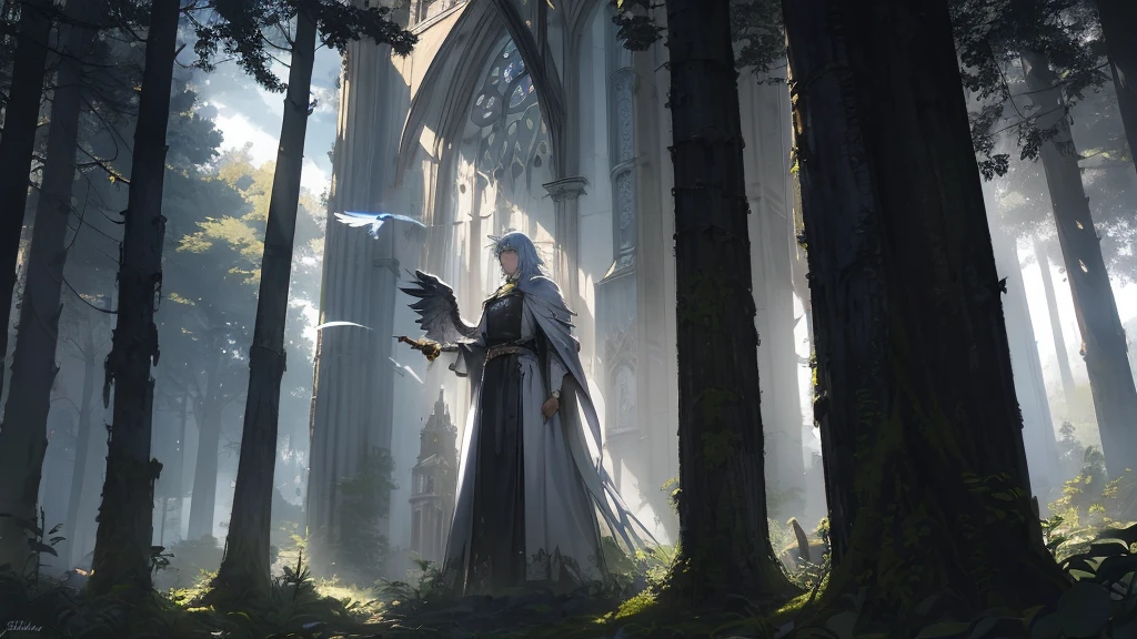In a medieval dark fantasy scene, show Veridith, the grand Guardian of the skies, emerging from a grand cathedral situated in the heart of an ancient, dense forest. His body is bathed in golden light, and his massive silver wings spread wide, catching the light as he prepares to take flight. His pale blue eyes stand out against the dark, stormy sky. Surrounding him, towering trees and thick foliage create a mystical, shadowy atmosphere. The cathedral behind him is gothic and weathered, blending into the forest. The afternoon light filters through the trees, casting dramatic shadows and illuminating Veridith’s awe-inspiring presence as he ascends into the sky.