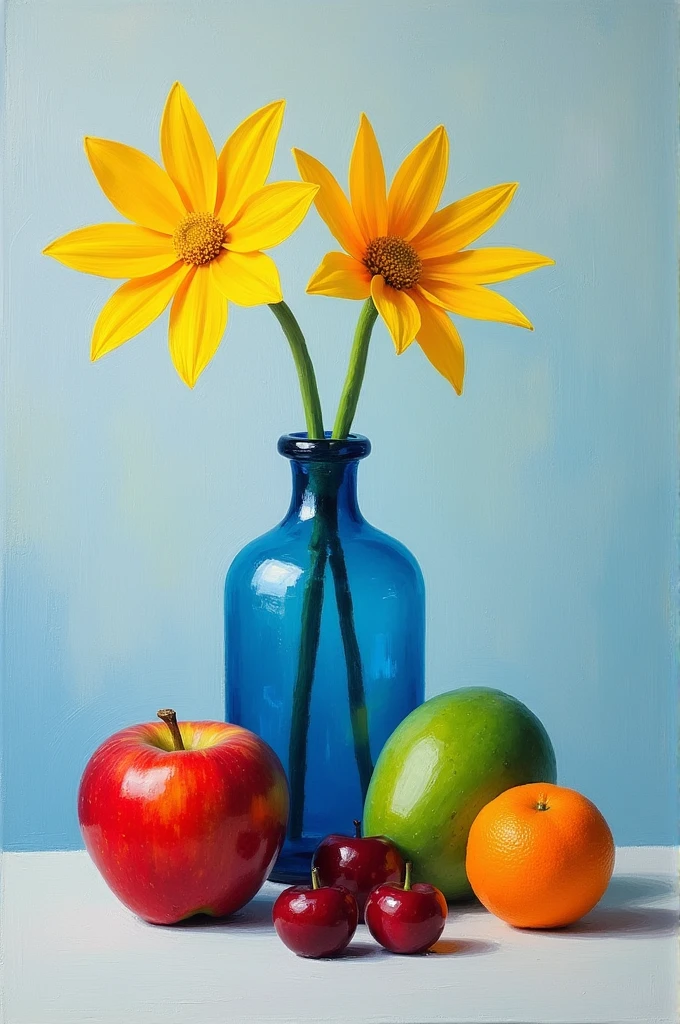 Simple blue vase with 2 simple yellow flowers, 1 red apple, 1 green mango , 1 ripe orange and 2 cherries in oil