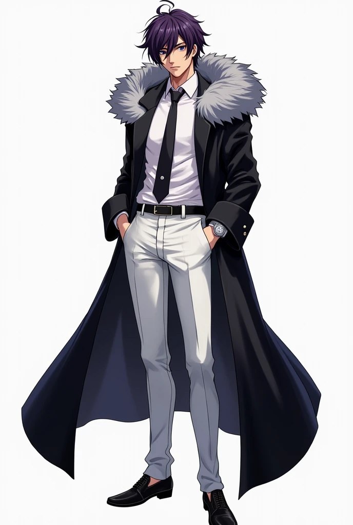 a 21-year-old male, standing at around 1,85cm with a muscular build, tanned skin, short wavy dark purple hair and black eyes. He's dressed in a white collared shirt with a matching tie, a dark coat that has grey fur on his shoulders, white formal pants, and white formal shoes, with a silver watch on his left wrist.
Quincies from the Bleach Manga as reference.