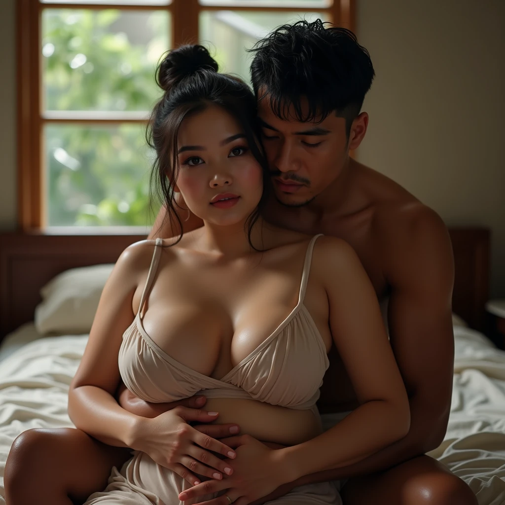 a beautiful malay woman, plump, natural big breasts, wear knee-lenght sheer housedress, messy tied hair, hug by a handsome man from behind, in the bedroom, look at the viewer, natural light, realistic photography, wide angle shot, detailed facial features, photorealistic, high quality, 8k, masterpiece