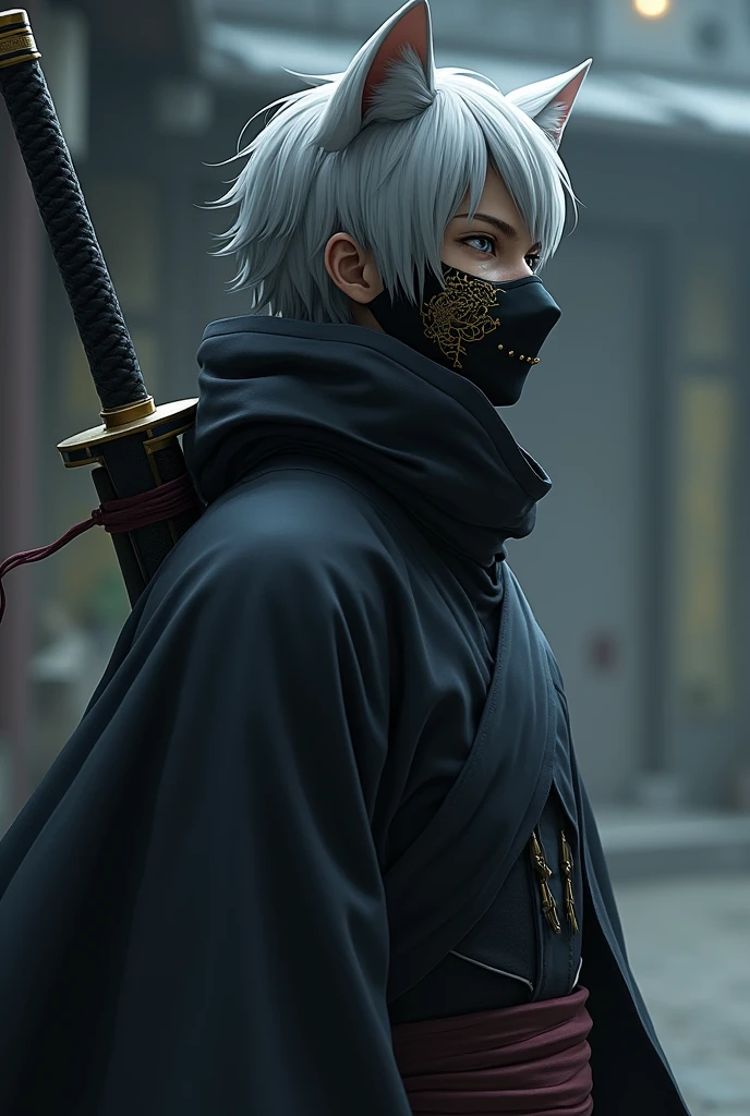 anbu black fox mask with gold lining at the eye in sideview, wearing akatsuki robe, short gray hair, anime, large blade on its back
