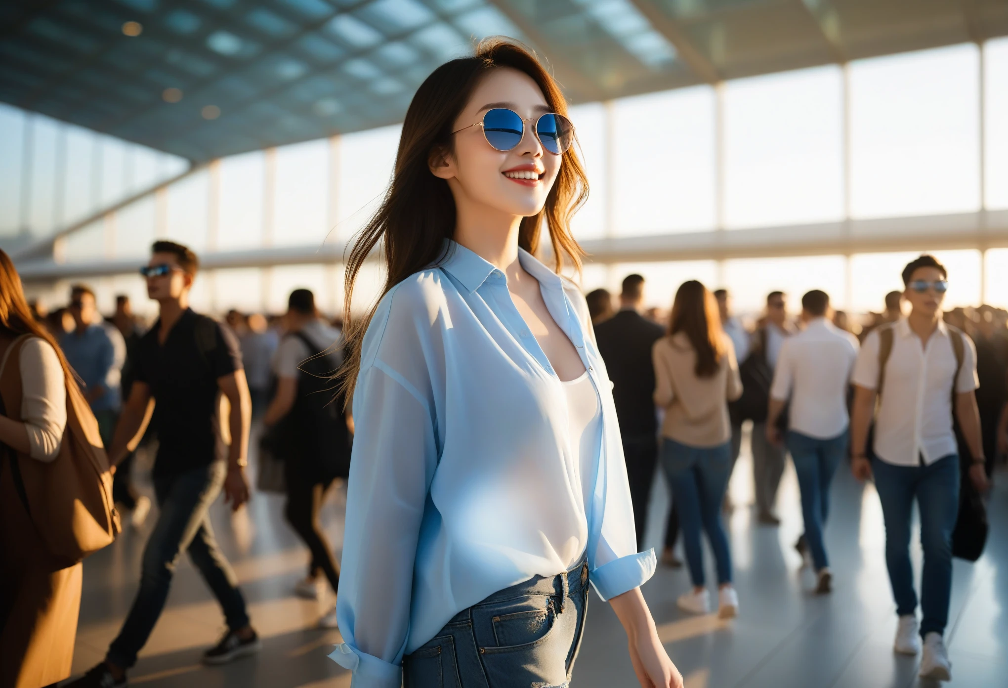 A shadow play, low angle, side view photograph of a stunning woman walking through a bustling airport hall. She is dressed to inviting, wearing a thin sky-blue fabric shirt as an outer layer, showcasing her stylish jeans and a tight white inner top. Her white thick-soled sneakers add an edge to her outfit. Her shoulder-length hair is styled effortlessly, and she dons black sunglasses, hiding her eyes but revealing her sweet smile. Her porcelain skin glows in the sunset light exposeher figure. The crowd around her adds depth and energy to the scene, making it a perfect sight to behold for male viewers