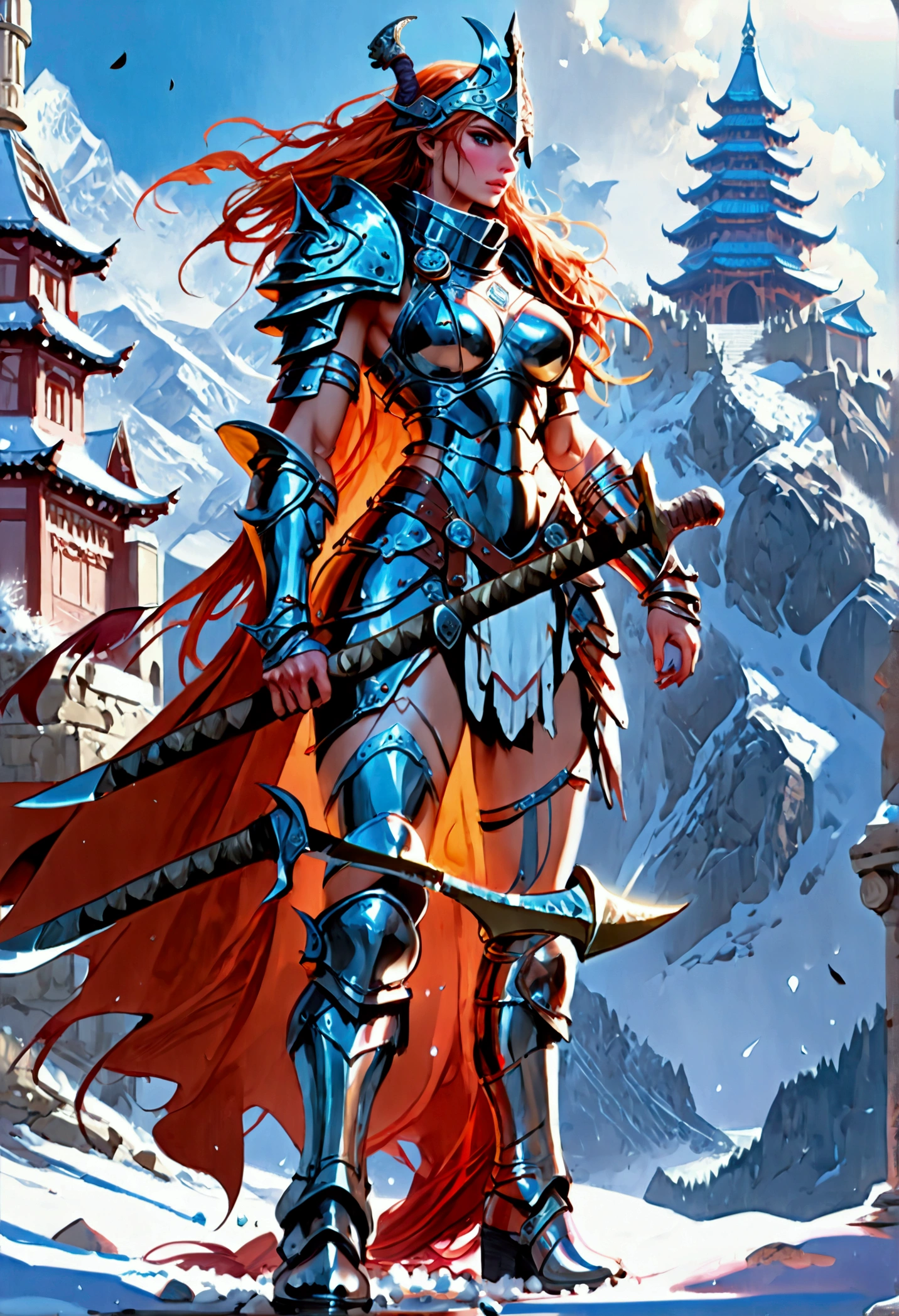 aa fantasy art illustration of a female giant knight armed with a ((mighty battleaxe: 1.5)) standing at the temple gates built on snowy mountain, (((she is as tall as the mountain: 1.3))) a wild beautiful, exotic beautiful giant knight, ((anatomically correct: 1.5), (ultra detailed face: 1.2), best detailed face, dynamic hair color, dynamic hair style, armed with a giant axe, shiny axe, its blade reflects the sunlight, studded with gems, wearing metal armor, dynamic armor color, wearing high heeled boots, standing near a fantasy temple, magnificent temple, with a tower, on snowy mountain (((she is as tall as the mountain:1.3))), vibrant, Hyperrealism style, vibrant, Ultra-high resolution, High Contrast, (masterpiece:1.5), highest quality, Best aesthetics), best details, best quality, highres, ultra wide angle, 16k, [ultra detailed], masterpiece, best quality, (extremely detailed) RAW, rpg portrait battleaxe Dark Art Painting Style