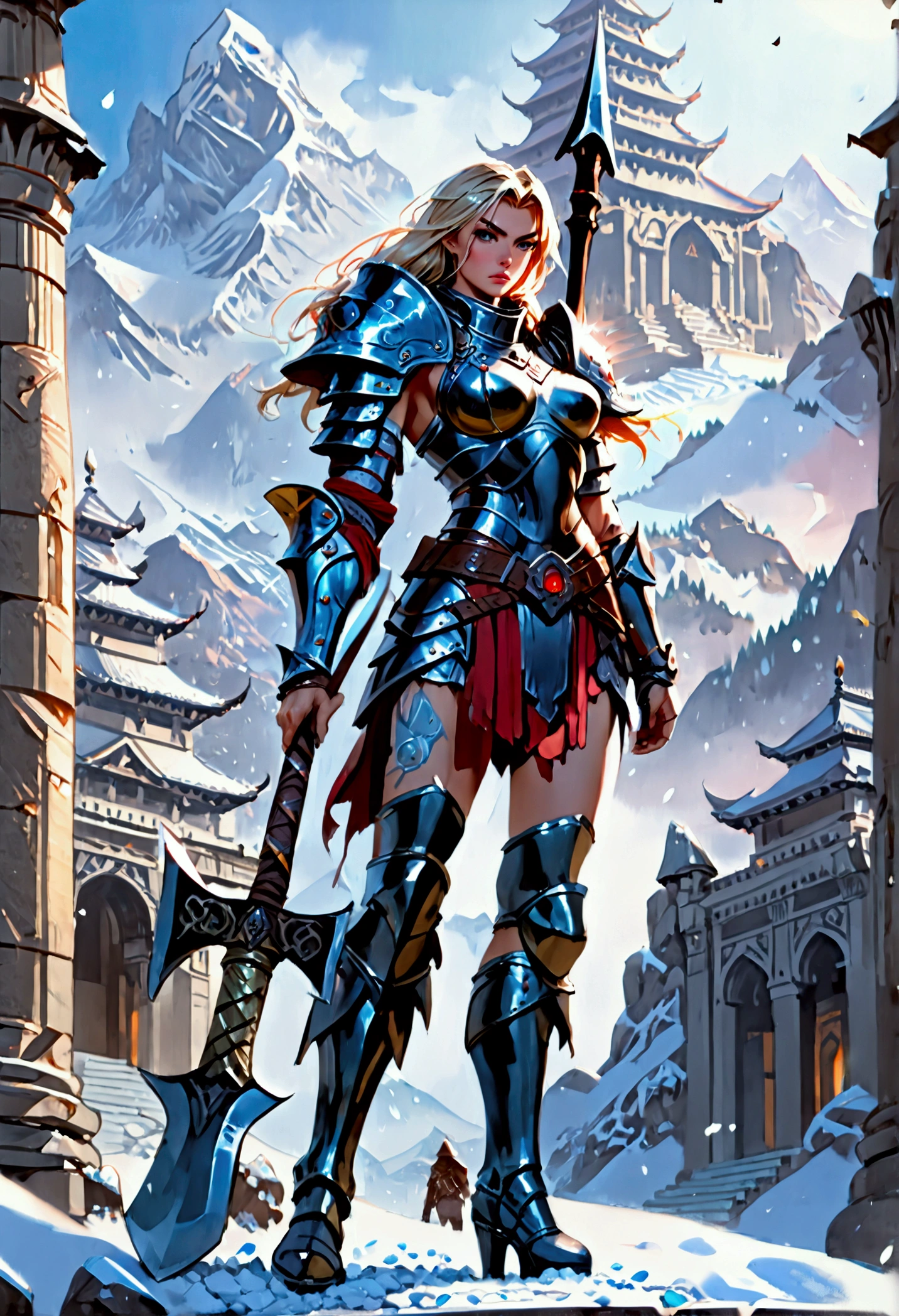 aa fantasy art illustration of a female giant knight armed with a ((mighty battleaxe: 1.5)) standing at the temple gates built on snowy mountain, (((she is as tall as the mountain: 1.3))) a wild beautiful, exotic beautiful giant knight, ((anatomically correct: 1.5), (ultra detailed face: 1.2), best detailed face, dynamic hair color, dynamic hair style, armed with a giant axe, shiny axe, its blade reflects the sunlight, studded with gems, wearing metal armor, dynamic armor color, wearing high heeled boots, standing near a fantasy temple, magnificent temple, with a tower, on snowy mountain (((she is as tall as the mountain:1.3))), vibrant, Hyperrealism style, vibrant, Ultra-high resolution, High Contrast, (masterpiece:1.5), highest quality, Best aesthetics), best details, best quality, highres, ultra wide angle, 16k, [ultra detailed], masterpiece, best quality, (extremely detailed) RAW, rpg portrait battleaxe Dark Art Painting Style