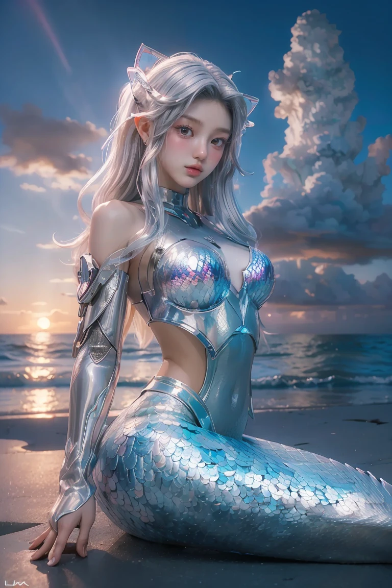 ((masterpiece, best quality, extremely detailed), volumetric lighting, ambient occlusion, colorful, glowing), 1girl, solo, young girl, (silver hair), long hair, halo, aura, sacred, goddess, cyber suit, (mermaid design:1.3), outdoors, sunset, sky, clouds, beach, sea, , (cyberpunk theme:1.2),