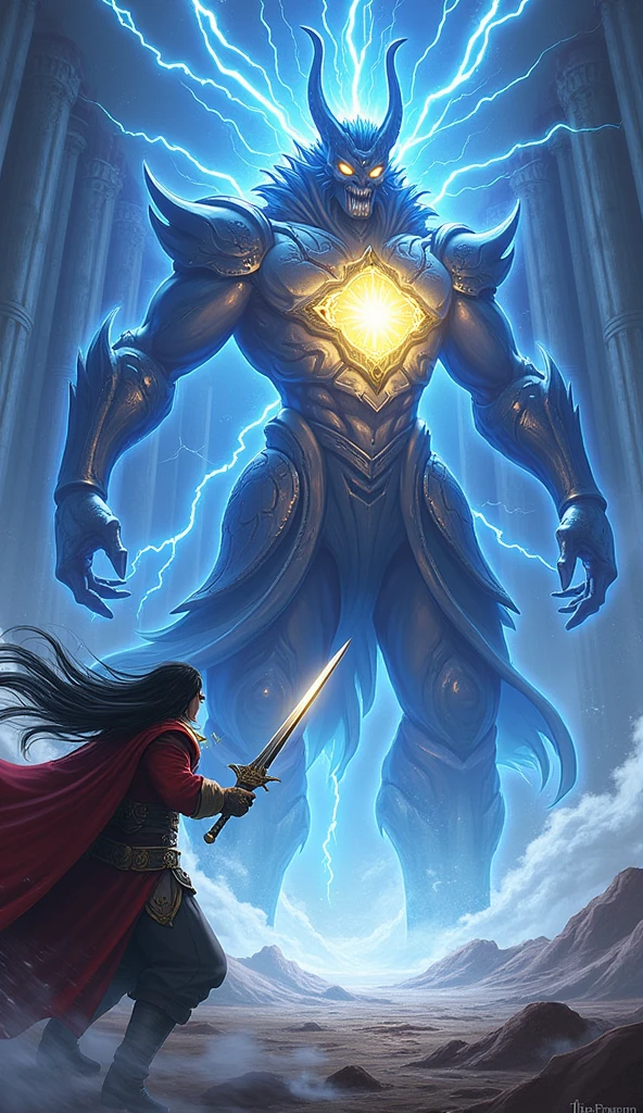 In the electrifying chaos of the Storm Kingdom’s throne room, Voltex seizes the moment. His long black hair flows wildly, caught in the fierce winds swirling around him. With unwavering focus, he charges towards the towering Lightning Demon, whose chest glows ominously with a pulsating gem, the source of its immense power.
Voltex’s dark sword, imbued with the golden energy of his "Shadow Eclipse" technique, gleams with an intense, otherworldly light. As he closes in on the demon, the golden energy around his blade intensifies, crackling with power. With a swift and decisive strike, he plunges the sword deep into the demon’s chest, piercing through the glowing gem.
The moment the blade makes contact, a blinding flash of light erupts from the impact, sending arcs of electricity coursing through the air. The Lightning Demon lets out a deafening roar as the energy within it destabilizes, its massive form beginning to crack and splinter from the force of the blow. The gem shatters under the might of Voltex's attack, its pieces scattering into the air like shards of light.
Seraphina, her red hair and robes billowing in the tempest, stands ready to support, her magic still holding the winds at bay as Voltex delivers the final blow. The scene captures the climactic moment of their battle, with Voltex’s long hair and flowing coat adding to the dramatic intensity of the scene, as the once-unstoppable Lightning Demon begins to disintegrate, its power broken by the strike to its heart.