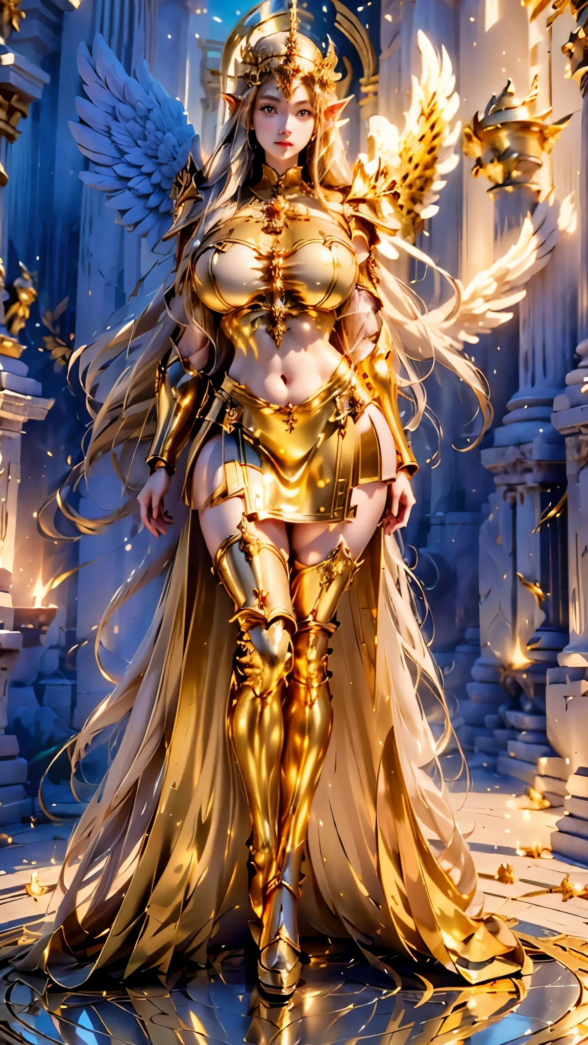 arafed woman in a gold costume standing on a black base, goddess. extremely high detail, anime goddess, knights of zodiac girl, beautiful and elegant elf queen, golden goddess athena, angelic golden armor, portrait knights of zodiac girl, a beautiful fantasy empress, venus godness athena, greek goddess athena, alluring elf princess knight, masterpiece goddess of sorrow, 
([long hair hair]:1.8), (full body:1.8), (upper body up:0.3), (hyper realistic:1.4), (realistic:1.3), (best quality real texture skin),
Detailed eyes, detailed face, PERSEPHONE,
Hyperrealistic, huge saggy breasts,

(HUGE BREASTS:1.5), (HUGE LEGS:1.5), (HUGE THIGHS:1.5), pernas perfeitas, pernas perfeitas, pernas lisas, pernas lisas e perfeitas, pernas torneadas, coxas torneadas, pernas lisas, coxas lisas.
