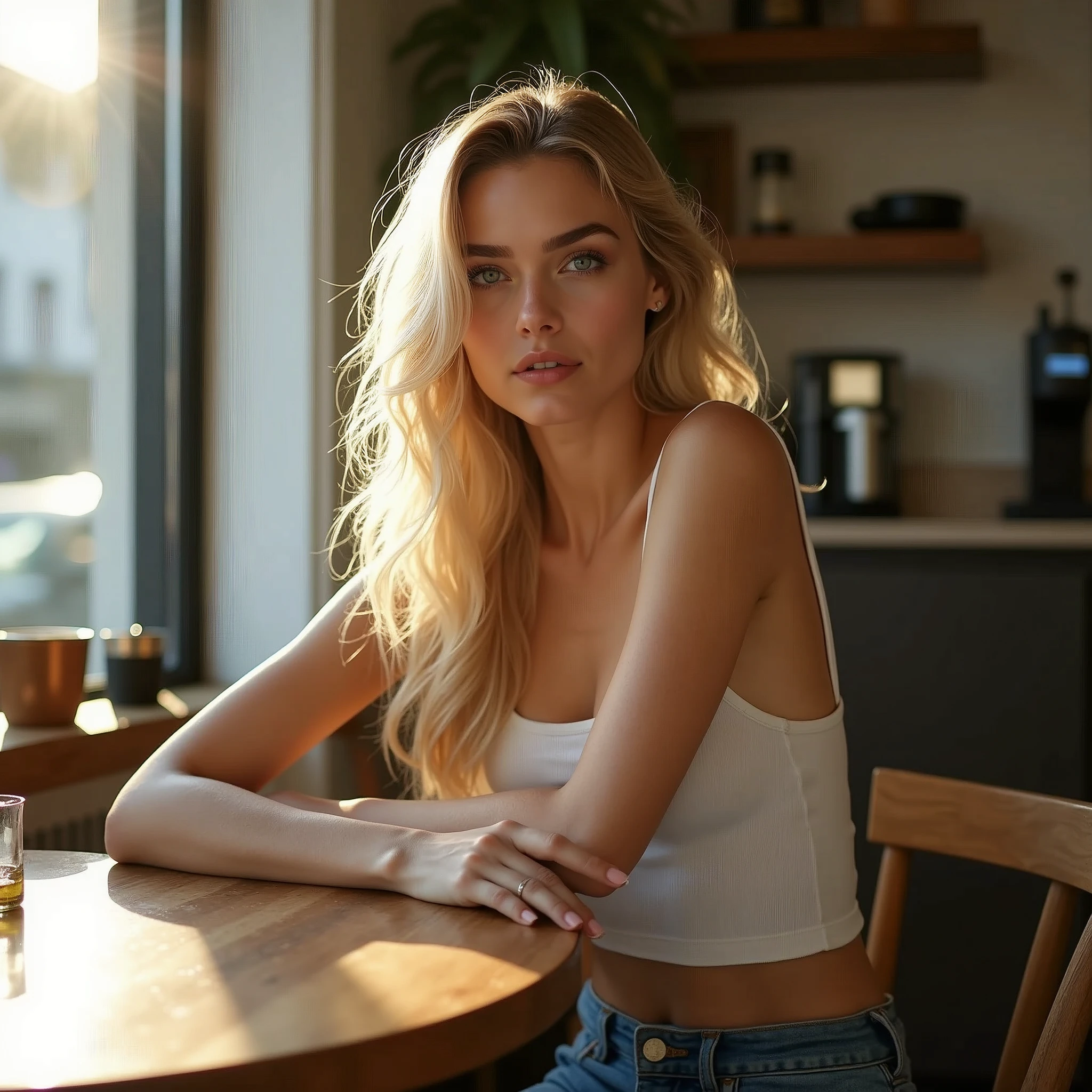 hyperealistic photo, A beautiful blonde woman with long hair, wearing a white tank top and jeans, sits in a coffee shop near a window, having breakfast on a table, looking at the camera, with high details, in the portrait photography style, using natural light. detailed face, 8k