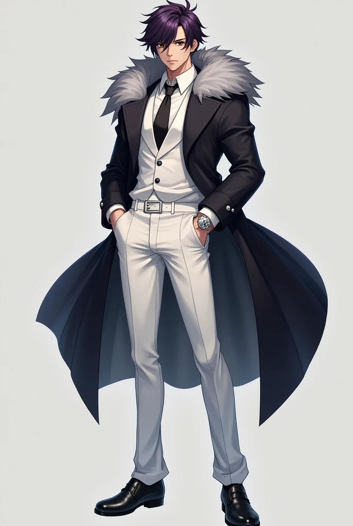 a 21-year-old male, standing at around 1,85cm with a muscular build, tanned skin, short wavy dark purple hair, black eyes, and a prominent scar running from his left eye down his lips and chin. He's dressed in a white collared shirt with a matching tie, a dark coat that has grey fur on his shoulders, white formal pants, and white shoes, with a silver watch on his left wrist.
Quincies from the Bleach Manga as reference.