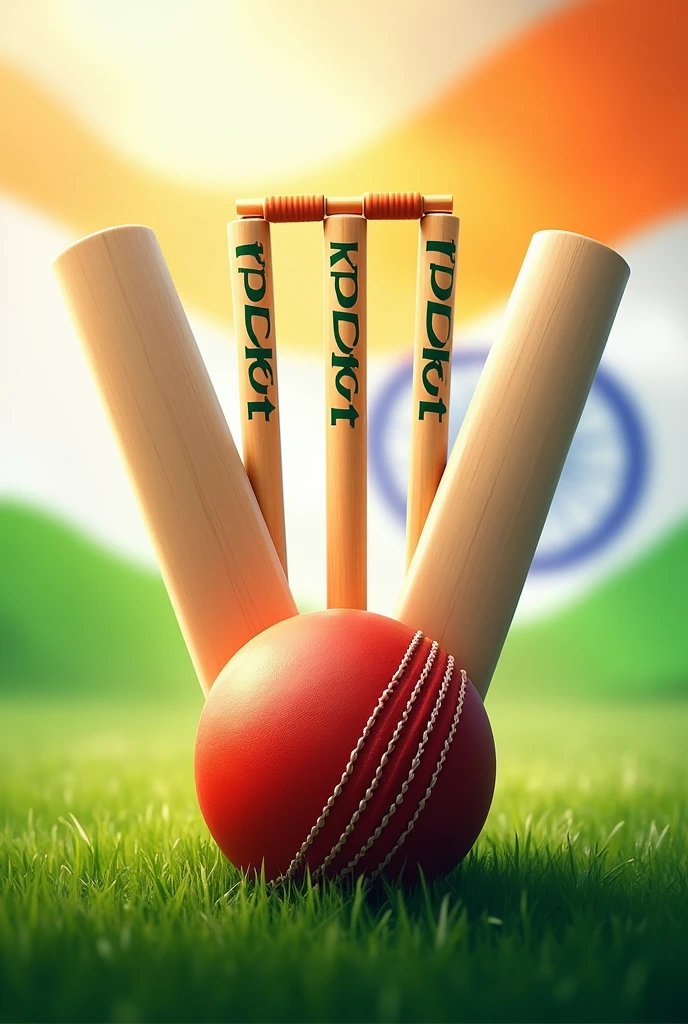 Indian Independence day poster with saffron, white & green colors on 3 wickets and dharma chakra on cricket ball with Indian flag in the background and remove the writings on the cricket bat