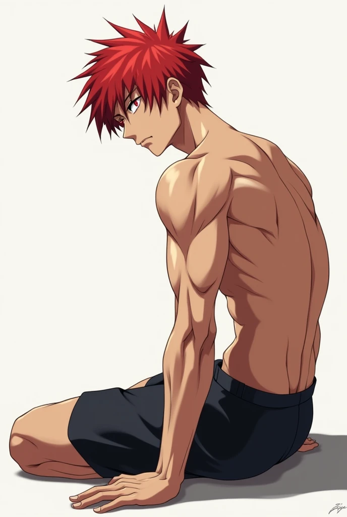 Shirtless muscular redhead anime boy sitting on the floor, looking to the right in profile , sitting looking to the right, profile camera angle, sideways 