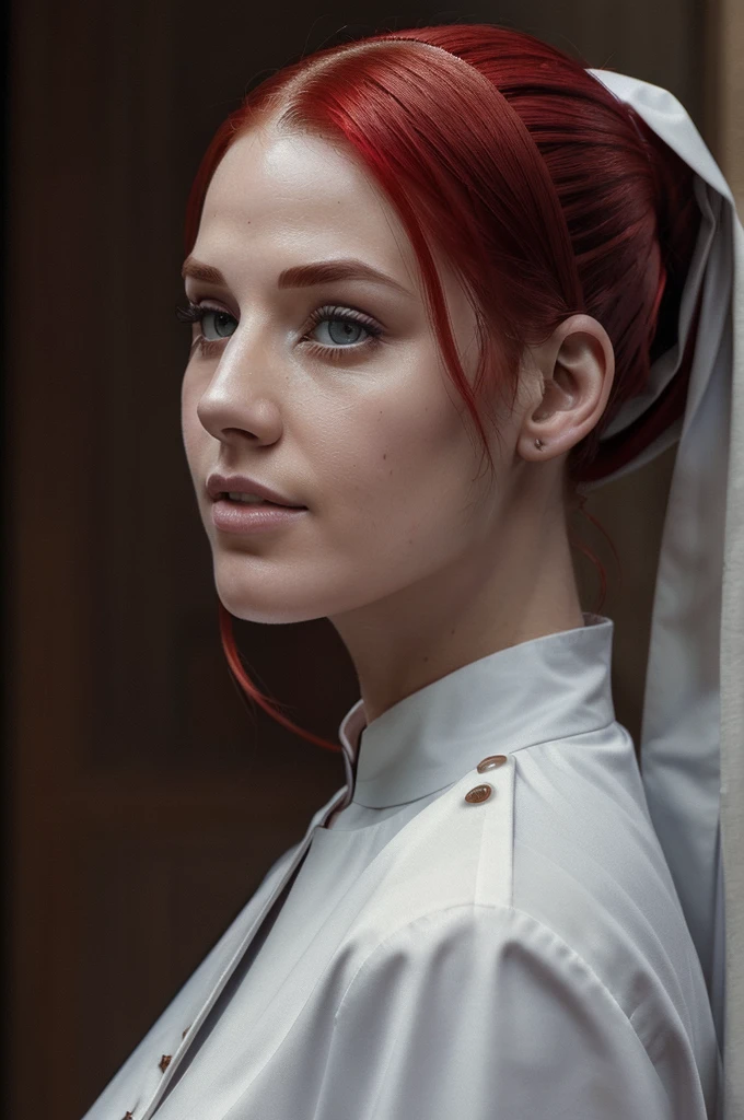 ((Best Quality, 8k, masterpiece: 1.3)), Whole body, beautiful girl, Ponytail hairstyle,, bright red hair, wearing a nun's habit, tits out, without underwear, no panties, showing pussy, upskirt, skirt lift, (skirt lifted by itself: 1.1), (skirt lift: 1.3), Showing the vagina, shaved vagina