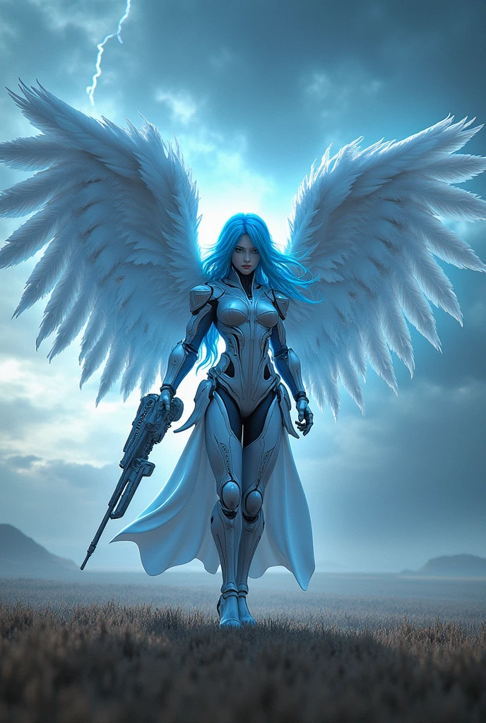Equipped with a beam launcher..blue hear,thunder archangel Raphael,war effect,REAL - style image of a woman with a sword in a field, cyberpunk art inspired by Leng Mei, cgsociety contest winner, fantasy art, beautiful cyborg angel girl, angel knight girl, as a mystical valkyrie, battle angel, angel in plastic armor, mechanized valkyrie girl, unreal engine 4k wallpaper, wraith from apex legends, epic angel wings