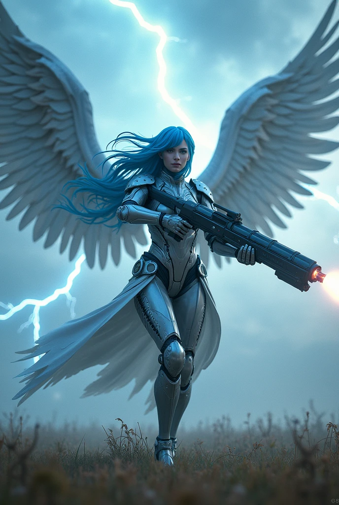 Equipped with a beam launcher..blue hear,thunder archangel Raphael,war effect,REAL - style image of a woman with a sword in a field, cyberpunk art inspired by Leng Mei, cgsociety contest winner, fantasy art, beautiful cyborg angel girl, angel knight girl, as a mystical valkyrie, battle angel, angel in plastic armor, mechanized valkyrie girl, unreal engine 4k wallpaper, wraith from apex legends, epic angel wings
