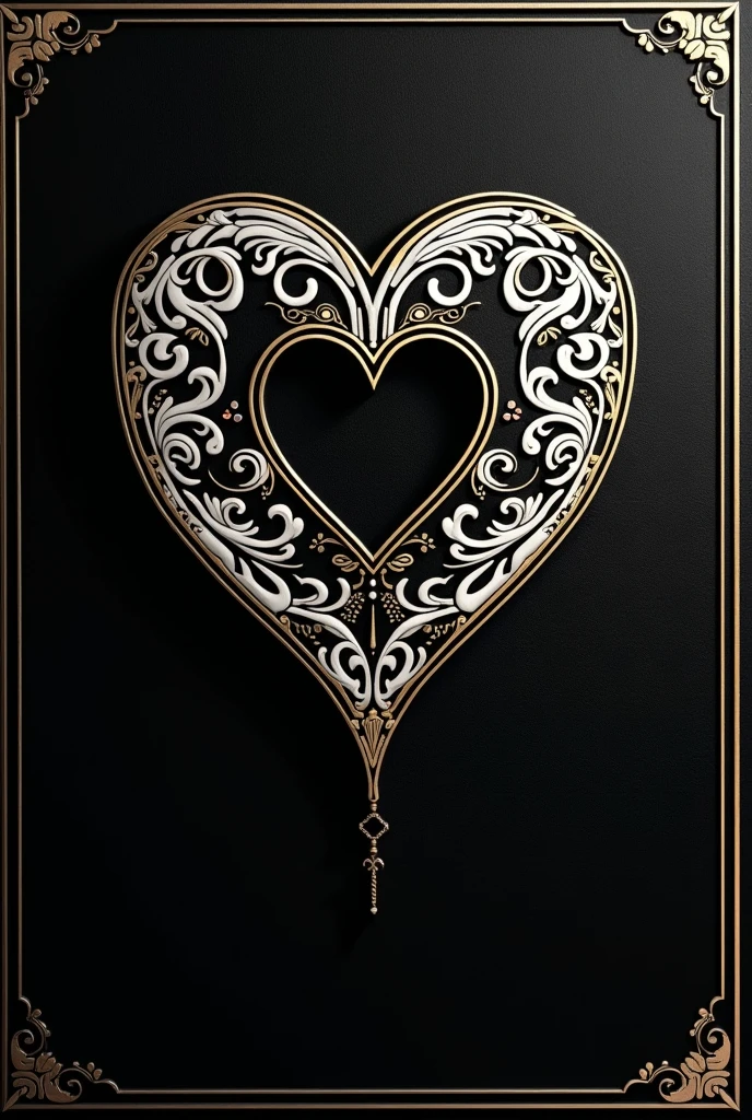 Cover for a book with The tittle "Escuela de los corazones" An elegant black book with a heart in the middle, with beautiful white and golden touches