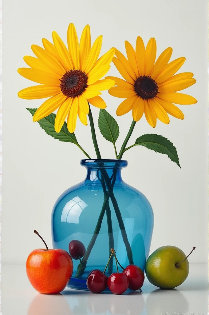 Plain blue non-transparent vase with 2 plain yellow flowers,  1 red apple, 1 green mango , 1 ripe orange and 2 cherries in oil