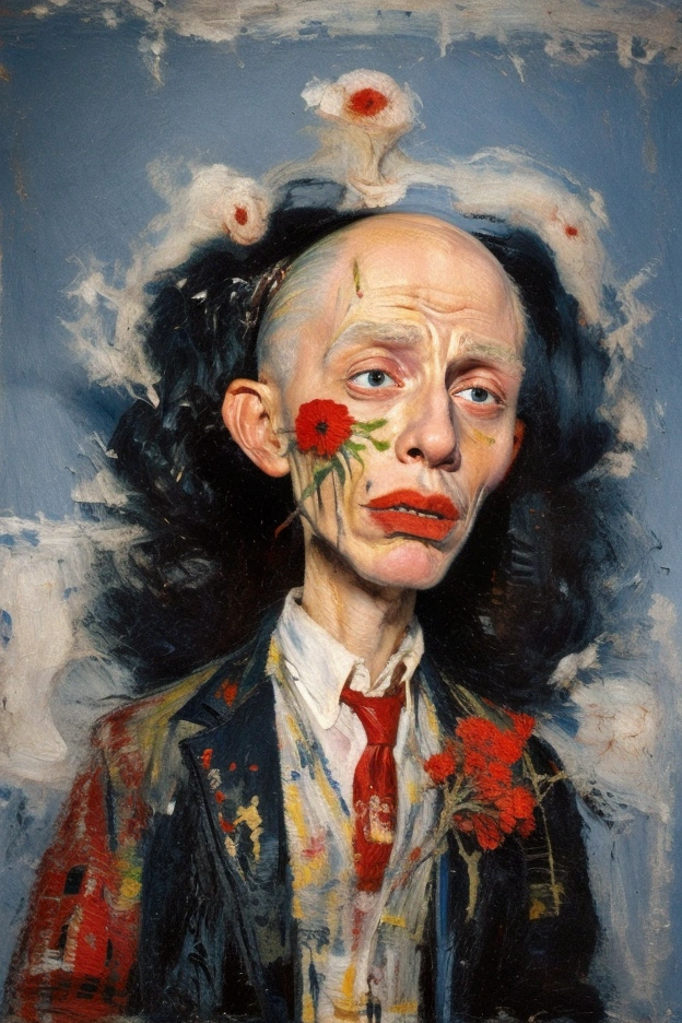 ** flat oil painting, depicting a bald albino old man, "big mouth", Crazy look, "with a red flower in his hand", "large head and long thin neck", "Black Night, star-studded", graffiti by jean-michel basquiat.**black background and stars