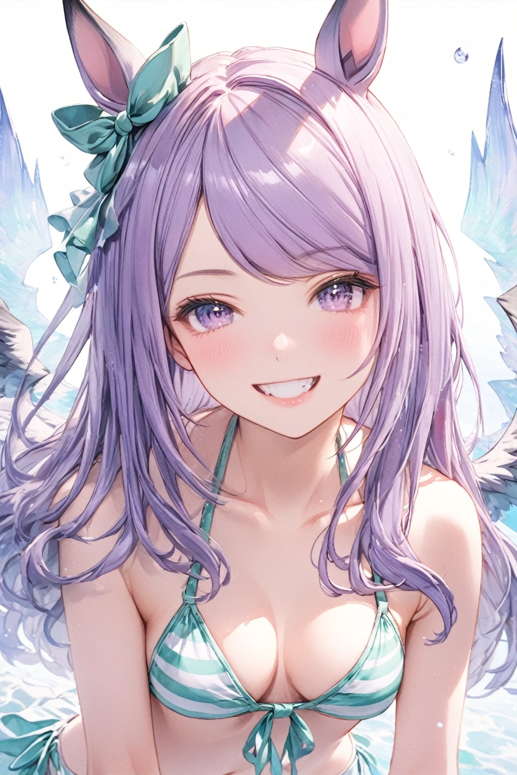 (8K, Highest quality, masterpiece:1.2),(Highest quality:1.0), (Ultra-high resolution:1.0), watercolor, 1girl,solo,(mejiro mcqueen \(umamusume\)),tie-side bikini,Toothy grin,Very bright and luminous design, pastel colour, 