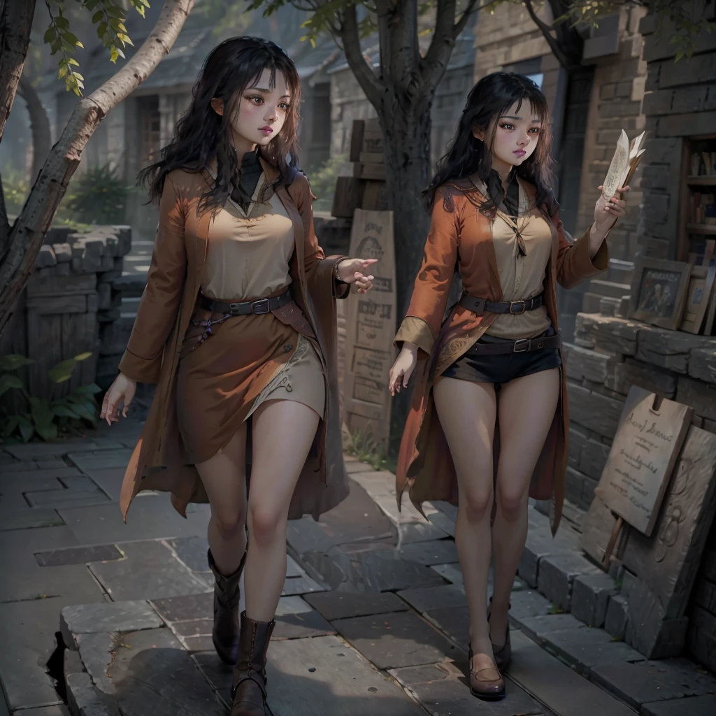 (masterpiece:1.2), (best quality,:1.2), 8k, HDR, ultra detailed, ((photorealistic)), perfect anatomy, professional light, cinematic lighting, fashion photography, ambient lighting,a female wizard, ((full body shot)), tiara, earrings, dark makeup, wearing intricate fantasy black and orange coat with belt, intricate robes, FanRo, fantasy picture in the style of Tolkien, Middle Earth, Lord of the Rings, epiCPhoto
