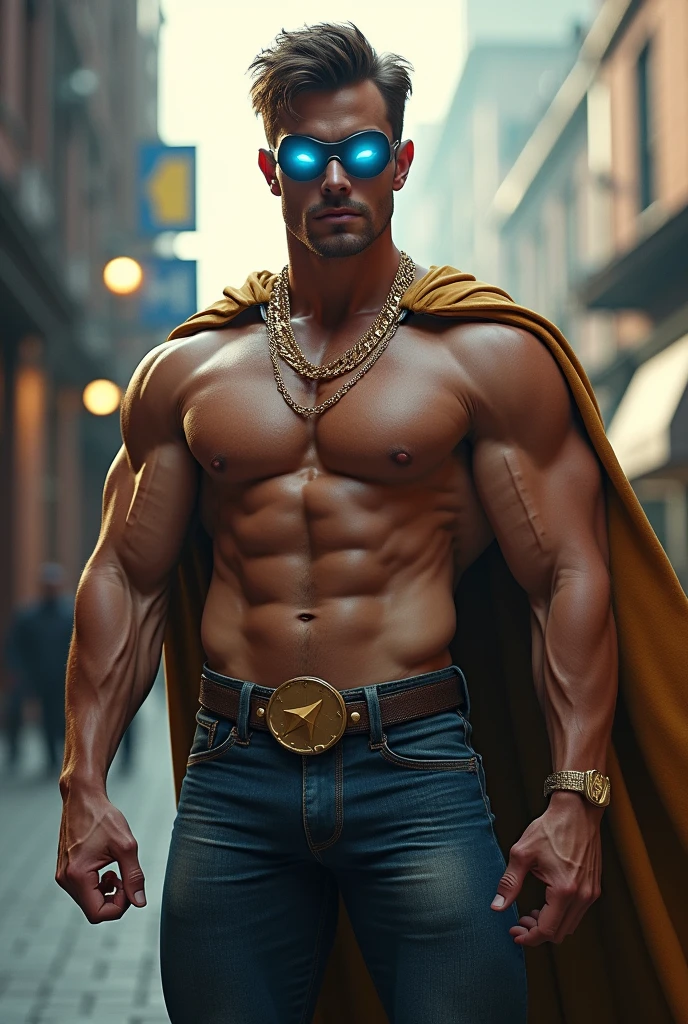 Dressed as the superhero “Mental Mind” a very handsome, sweet and truly massive monster Caucasian bodybuilder is showing off his huge bicep muscles and meaty thighs. Intense young adult. brown hair, powerfully muscled, massive shoulders and biceps. well-defined six pack. Thick gold necklace. Eye mask and cape. Big bulge in crotch. Eyes glowing blue from his psychic powers