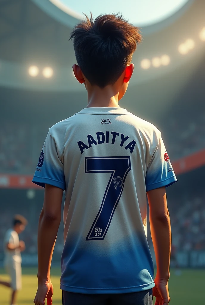 A 15 years old boy t shirt written the name Aaditya back side of t shirt and down side written 7 number in csk ipl t shirt