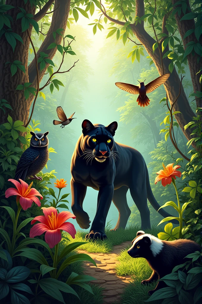 I want to generate a realistic image of a tropical forest with a panther, an owl, a butterfly, a hummingbird and a black and white badger.