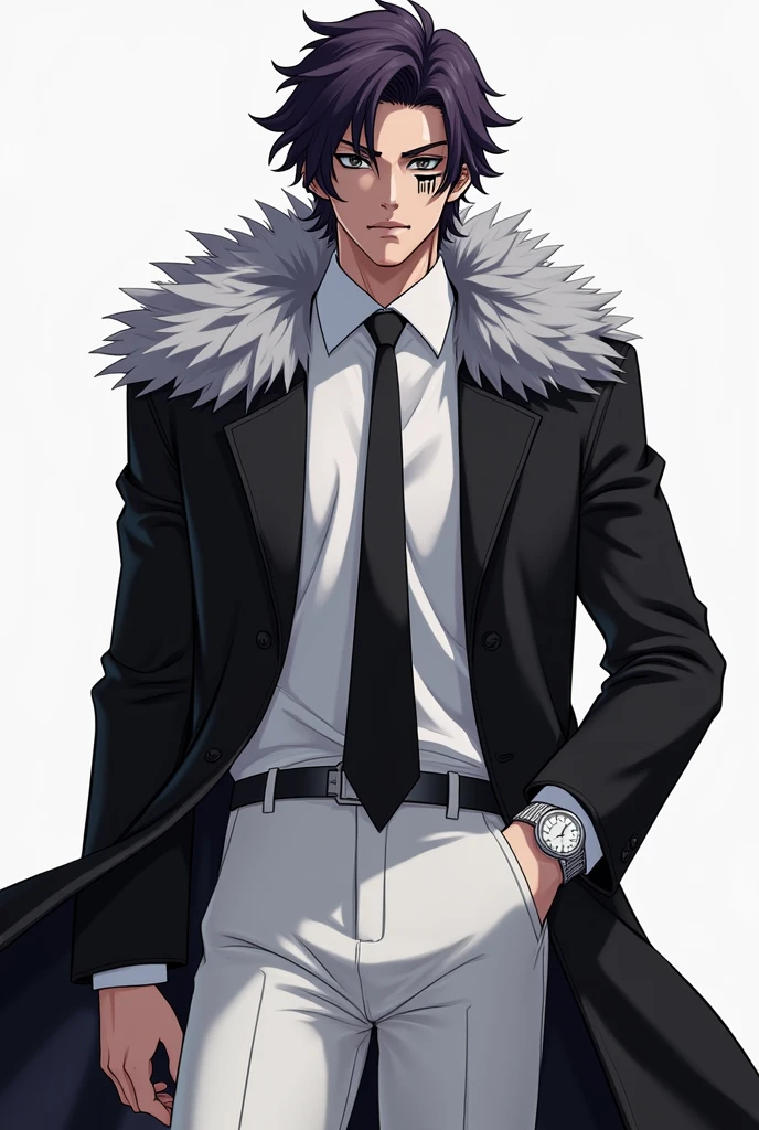 a 21-year-old male, standing at around 1,85cm with a muscular build, tanned skin, short wavy dark purple hair, black eyes, and a prominent scar running from his left eye down his lips and chin. He's dressed in a white collared shirt with a matching tie, a dark coat that has grey fur on his shoulders, white formal pants, and white shoes, with a silver watch on his left wrist.
Quincies from the Bleach Manga as reference.