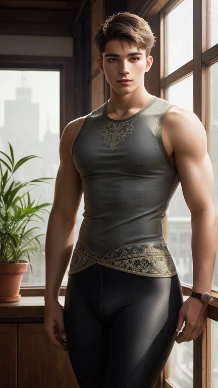 (photorealism:1.2), young man, wearing sleeveless cultivation dress,, very short spikey boyish hair, indoors, soft lighting, plants in background, window with sunlight, cozy room, relaxed pose, realistic, intricate details, warm colors, by Greg Rutkowski, by Alphonse Mucha, wide hips , long legs, thick thighs, large feminine hips, thin and narrow weist, leggings , hot man