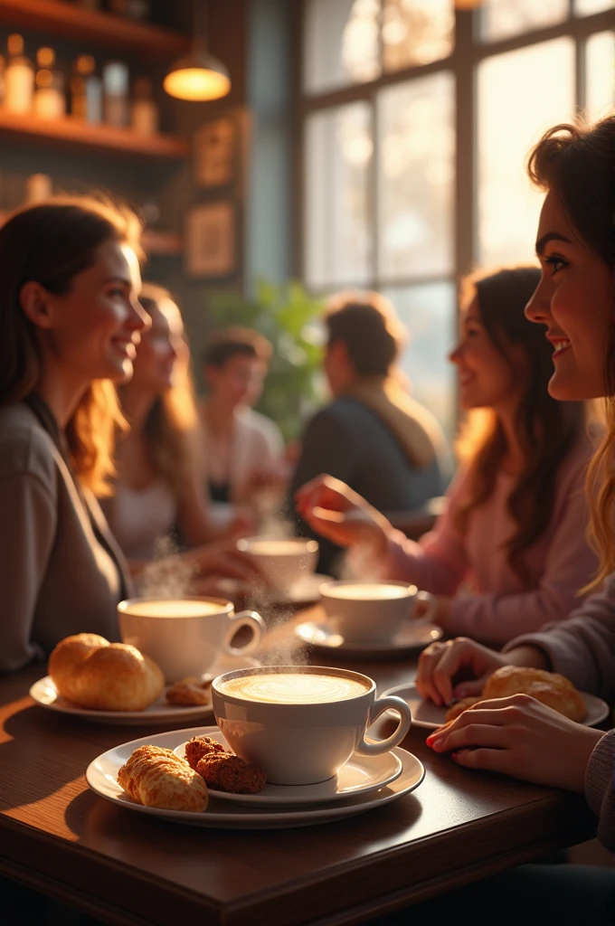 The setting could include steaming cups of coffee, a variety of pastries, and a warm, inviting atmosphere with soft lighting and comfortable seating. The focus would be on the interaction between people, capturing the essence of socializing over coffee.