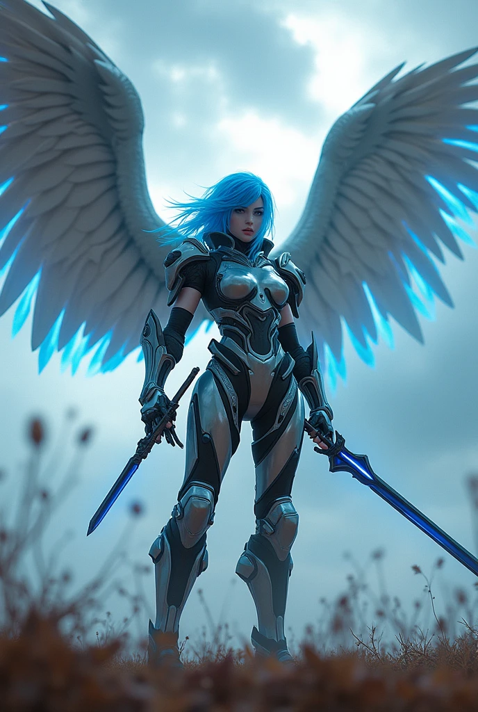 Beam funnel equipped on the back,Equipped with a beam launcher..blue hear,thunder archangel Raphael,war effect,REAL - style image of a woman with a sword in a field, cyberpunk art inspired by Leng Mei, cgsociety contest winner, fantasy art, beautiful cyborg angel girl, angel knight girl, as a mystical valkyrie, battle angel, angel in plastic armor, mechanized valkyrie girl, unreal engine 4k wallpaper, wraith from apex legends, epic angel wings