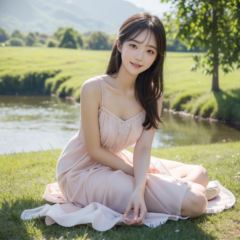  Delicate and gentle girls wearing dresses in pastel tones，Lying on the grass by the lake。She gently propped her chin，Smile and look into the distance，Elegant posture blends in with the environment，It reveals her tender side。