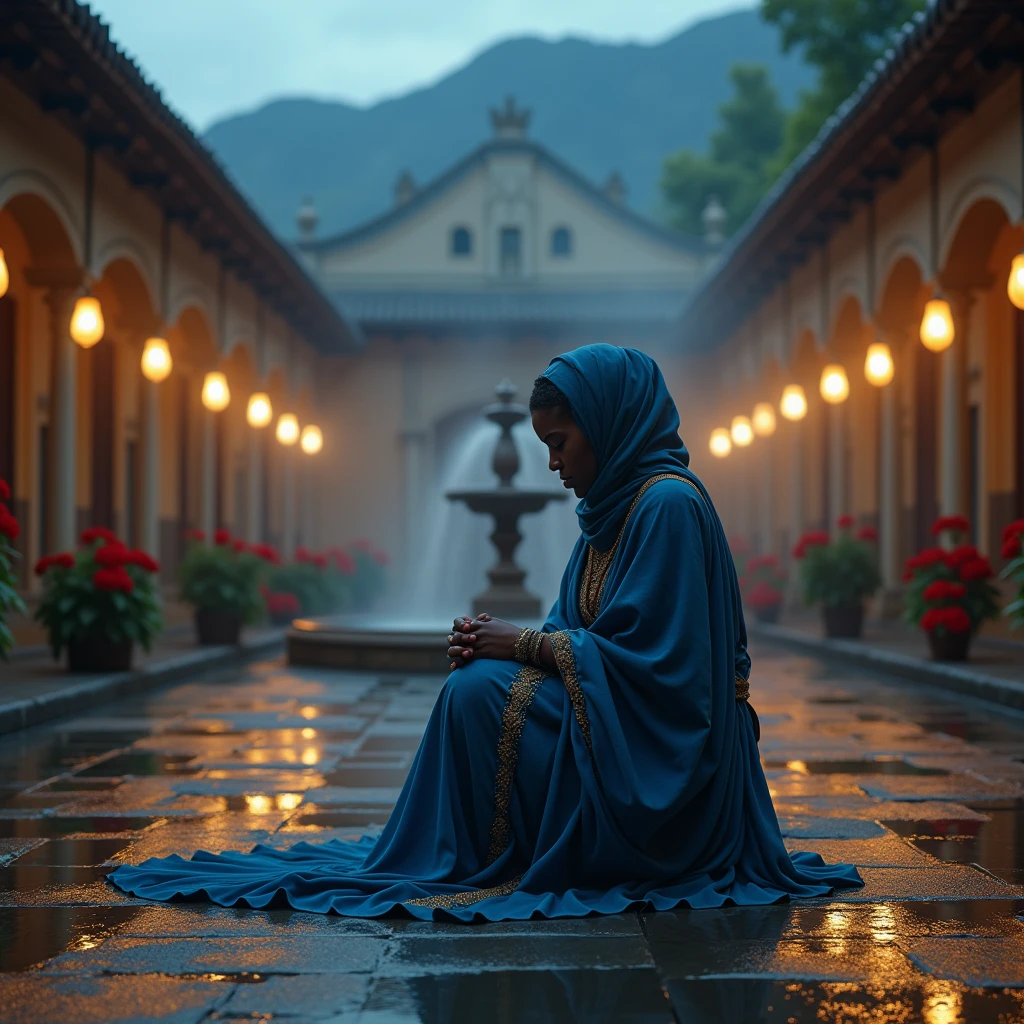 One day with rain and fog at night, a very beautiful black-skinned Ecuadorian woman, squatting, in the middle of a traditional plaza (a fountain, stones and columns), she is in a resting pose with her arms covered by the sleeves of the dress and in the background you can see a desert mountain landscape. She is wearing a traditional female arabic dress and her long blue dress is embroidered with golden threads. Her hair is covered by a blue chador and she has floral arrangements of red geraniums around her., cinematic lights. Masterpiece, best quality, 8K, photo realistic, wallpaper, wallpaper 8k, photographic contest winner, Hyperrealistic art cinematic film still photography in the style of detailed hyperrealism photoshoot. [Entire scene is surrounded by lights, evoking a magical and eerie atmosphere. The lighting is bright and atmospheric, with smoke adding a touch of sinister ambiance. Best quality image, HDR enhancement, showcasing the utmost level of detail and realism]. [8K, Best Quality, Ultra High Resolution, (highly detailed CG unity 8k wallpaper), (best photo), (best shadows), isometric 3D, octane rendering, ray tracing, highly detailed, (Best quality, 4K, 8k:1.2), absurdity, ultra detailed, (realistic, photorealistic, photorealistic:1.37), complex parts, HDR, (complex parts:1.12), (hyper detailed, hyper realistic, Soft lighting, spicy:1.2), (complex parts, Hyper detailed:1.15). Blurred foreground. (backlit), masterpiece, high quality, brightness, chromatic aberration, foggy smoke, shadows, contrast, clear sky, (warm hue, warm tone), high details, natural reflections].