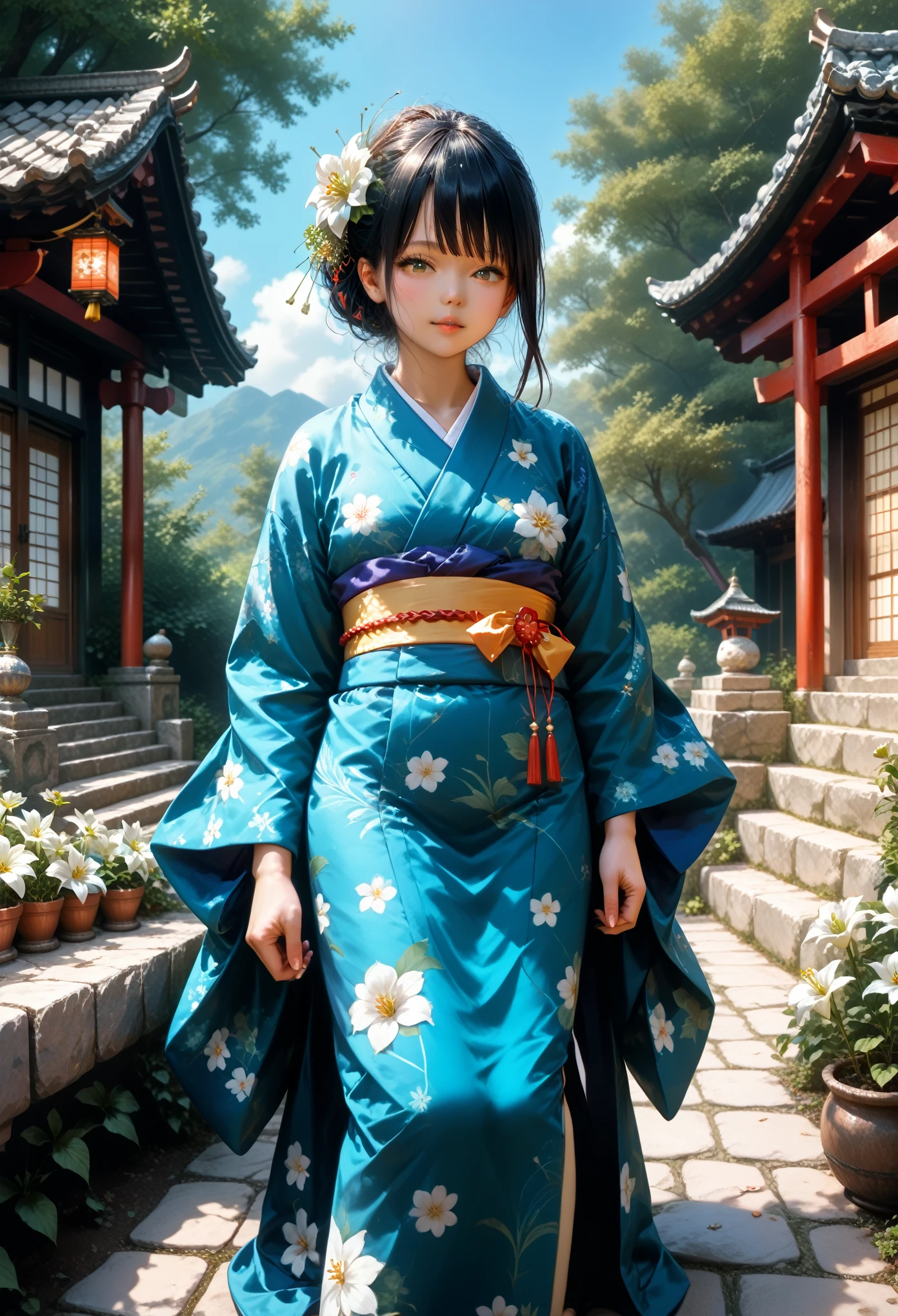 1 girl, One, above, (White lily flowers), aesthetic, difficult, Best quality, detailed background, Sayaka Myka, ((girl wearing a patterned teal kimono:1.2)), (Walking in a Zen Garden), everyday pose, detailed textures, posing, fЛораl print, hair flower, hair ornament, japanese clothing, kimono, heart, on open air, pagoda, petals, (teal kimono), sash, shrine, sky, stone staircase, tory, wide sleeves, Yukata Masterpiece, Shine, score_9, score_8_up, score_7_up, best quapoty, highres, source_アニメ