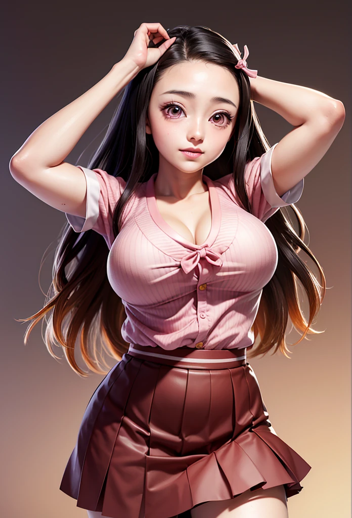 Masterpiece,Solo,1girl,Nezuko Kamado,(Kimetsu No Yaiba),Big Breasts,Perfect Body,Ultra High Quality,Ultra High Resolution,Photograph 16K,Ultra Detailed,Long Hair,Theme School Girl,School Girl Short Sleeve,Short Skirt,Beautiful,Beautiful Girl,Classroom Background,Pink Eyes