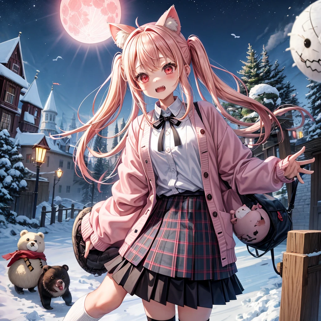 Pink Blonde、Red eyes、Hair tied up、Two cute、Checked mini skirt、black t-shirts、cardigan、coat、Knee-high socks、bear ears baseball cap、Burning Full Moon、The tree is dead、Snowballs are piling up、Cat Snowman、Teeth are visible、Monster Castle、Tilting face、crossing the bridge