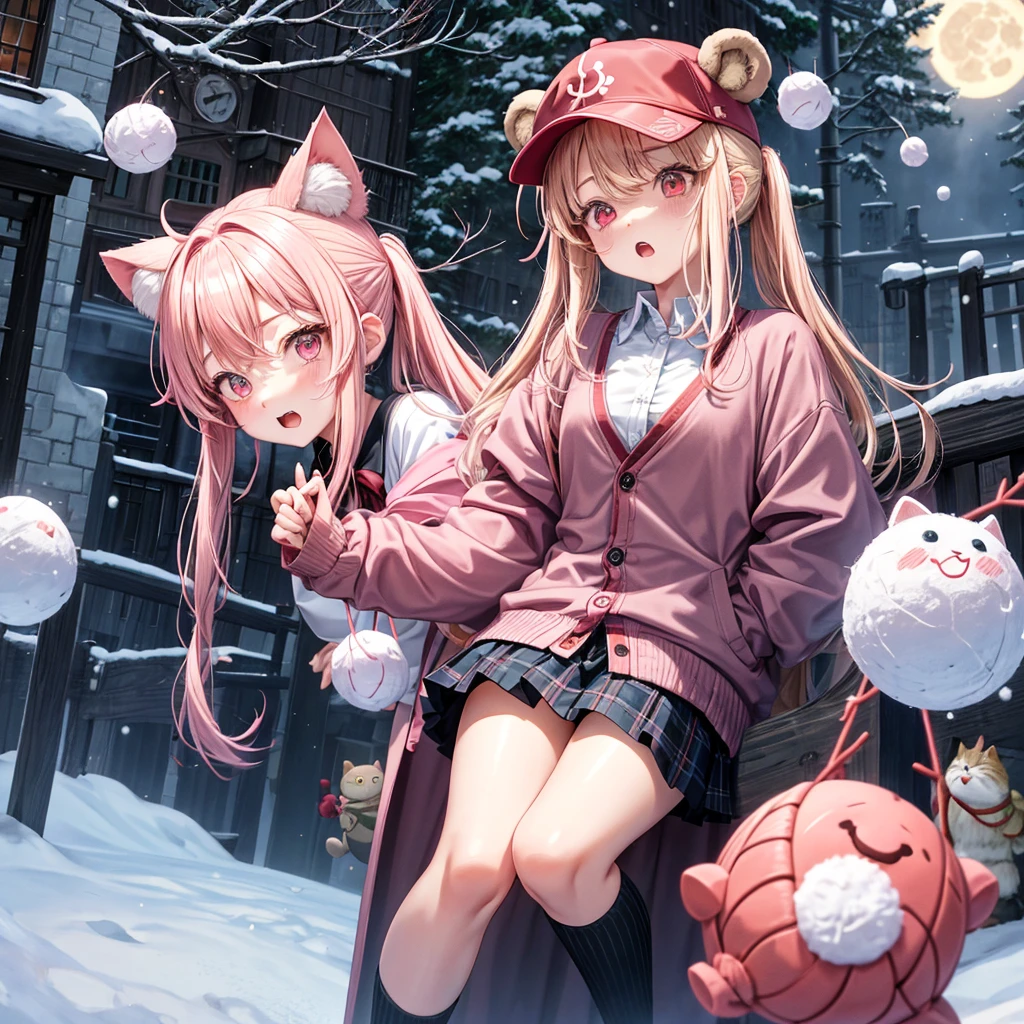 Pink Blonde、Red eyes、Hair tied up、Two cute、Checked mini skirt、black t-shirts、cardigan、coat、Knee-high socks、bear ears baseball cap、Burning Full Moon、The tree is dead、Snowballs are piling up、Cat Snowman、Teeth are visible、Monster Castle、Tilting face、crossing the bridge