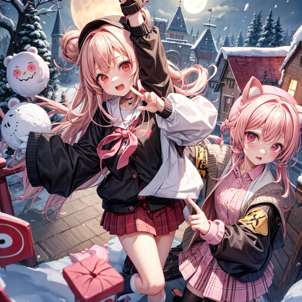 Pink Blonde、Red eyes、Hair tied up、Two cute、Checked mini skirt、black t-shirts、cardigan、coat、Knee-high socks、bear ears baseball cap、Burning Full Moon、The tree is dead、Snowballs are piling up、Cat Snowman、Teeth are visible、Monster Castle、Tilting face、crossing the bridge
