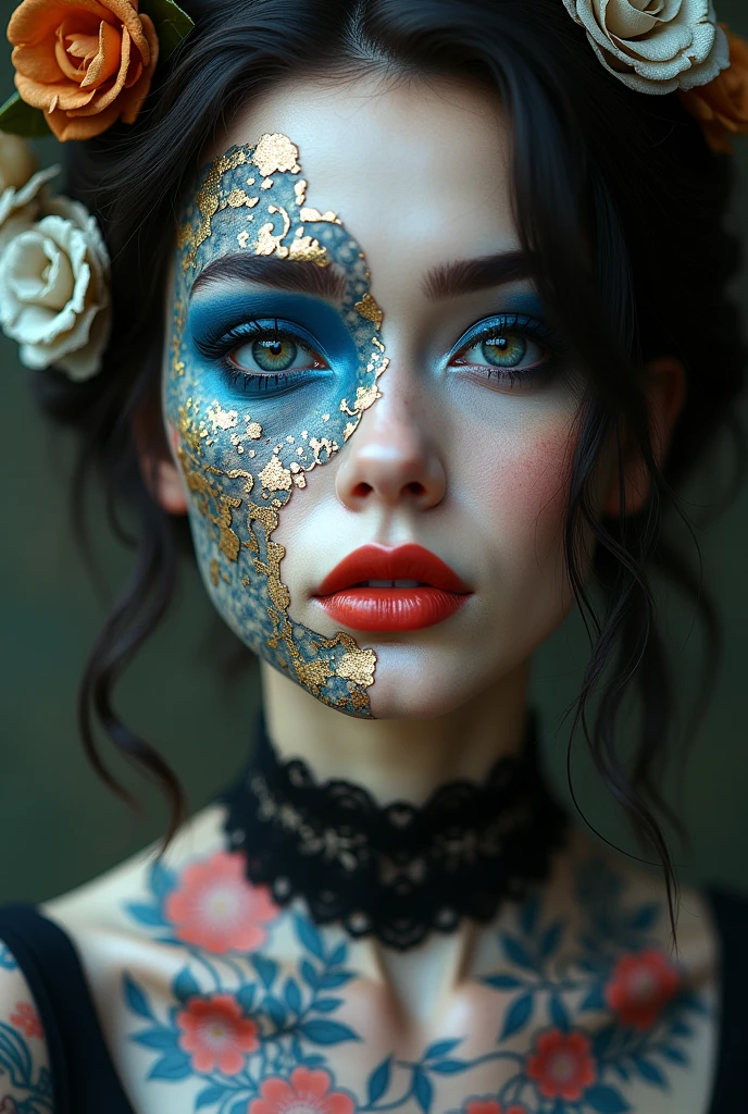 In diferent poses, Tattooed woman with porcelain mask, covered in floral patterns, blue eyeshadow, half her face is broken showing gold leaves reating on her face, o’ring collar, light magical sparkles, detailed realistic eyes, detailed_smoky_eyes_makeup, long lashes, luscious lips lipstick, perfect manicure pointy nails, pastel goth, crustpunk, cutecore, 8k uhd, realistic Anime, random skewed angle, dynamic pose