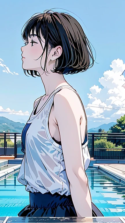 Master Painting、Highest quality、scenery、Cumulonimbus、Pool、woman、Very depressive、Black Hair、Bobcut、Look up at the sky、profile、Upper Body、School Swimsuit、Center of chest、Japanese。