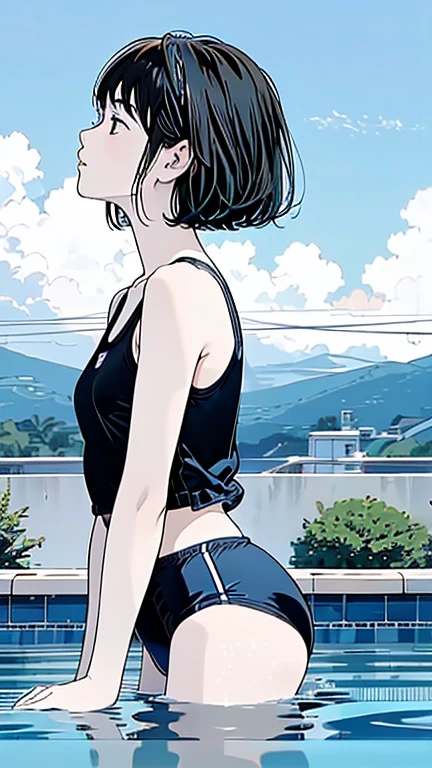 Master Painting、Highest quality、scenery、Cumulonimbus、Pool、woman、Very depressive、Black Hair、Bobcut、Look up at the sky、profile、Upper Body、School Swimsuit、Center of chest、Japanese。