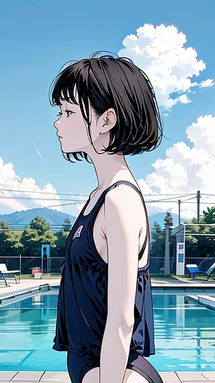Master Painting、Highest quality、scenery、Cumulonimbus、Pool、woman、Very depressive、Black Hair、Bobcut、Look up at the sky、profile、Upper Body、School Swimsuit、Center of chest、Japanese。