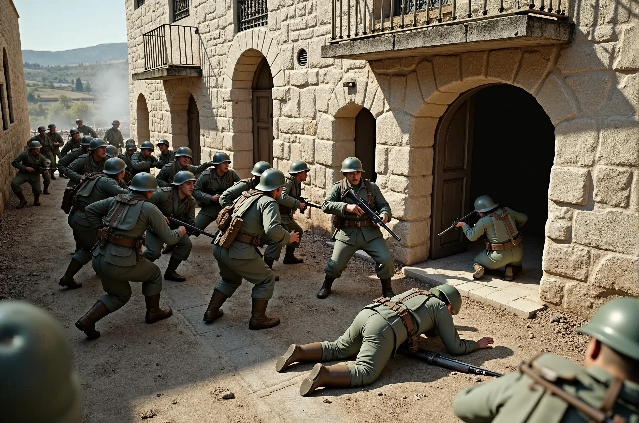 ((( masterpiece ))), (((Highest quality))), ((Very detailed)), (photograph), (Epic battle in Sassi di Matera), (photo:1.2) of Two groups of soldiers (World War II soldiers: German soldiers against Italian Partisans.), (Battle Scene), Half-height angled POV, dressed in different uniforms, fight each other in the alleys of the Sassi of Matera. Some soldiers are squatting, others lying on the ground, still others run to shelter from the blows of opponents, cinematic lights. Masterpiece, best quality, 8K, photo realistic, wallpaper, wallpaper 8k, photographic contest winner, Hyperrealistic art cinematic film still photography in the style of detailed hyperrealism photoshoot. [Entire scene is surrounded by lights, evoking a magical and eerie atmosphere. The lighting is bright and atmospheric, with smoke adding a touch of sinister ambiance. Best quality image, HDR enhancement, showcasing the utmost level of detail and realism]. [8K, Best Quality, Ultra High Resolution, (highly detailed CG unity 8k wallpaper), (best photo), (best shadows), isometric 3D, octane rendering, ray tracing, highly detailed, (Best quality, 4K, 8k:1.2), absurdity, ultra detailed, (realistic, photorealistic, photorealistic:1.37), complex parts, HDR, (complex parts:1.12), (hyper detailed, hyper realistic, Soft lighting, spicy:1.2), (complex parts, Hyper detailed:1.15). Blurred foreground. (backlit), masterpiece, high quality, brightness, chromatic aberration, foggy smoke, shadows, contrast, clear sky, (warm hue, warm tone), high details, natural reflections].