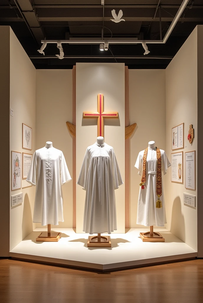 I am doing my thesis on baptism garments actually I made them so now I have to make a display for it or iam confused so help with ideas how to display my colour palette is white red or golden and also add religious elements regarding baptism or I have boards of illustration or research so add them create more ideas it’s a male garments it is nice but I  just have a open space nothings is build I have create all sides so create like this that I can easily create or decorate this make this design for four garments 