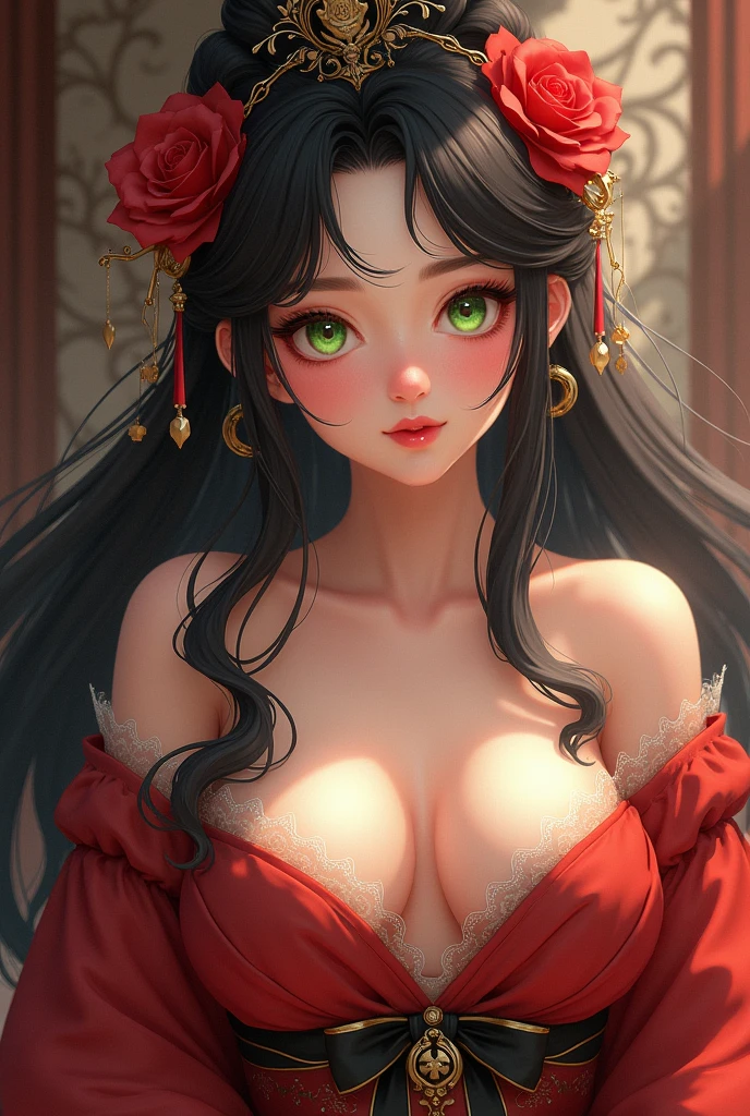Kurtisane, beautiful, reddened cheeks, aroused, seductive, green eyes, black hair, Antiquity, Anime Style