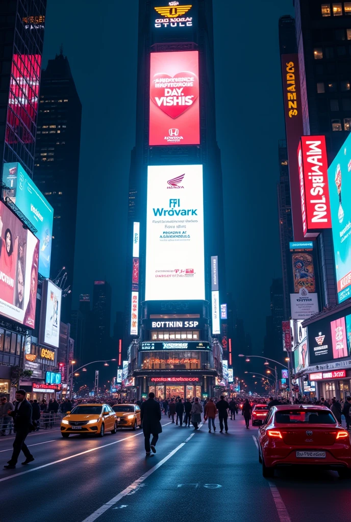 A massive futuristic advertisement sign board in NYC time square in a beautiful square design and neon lighting facing on camara, that clearly says " Independence Day Wishes - PREMIER HONDA KOTTAYAM". cinematic style, hyper realistic image. showing the hustle and bustle of the city. night vision. wide angle, on road side.