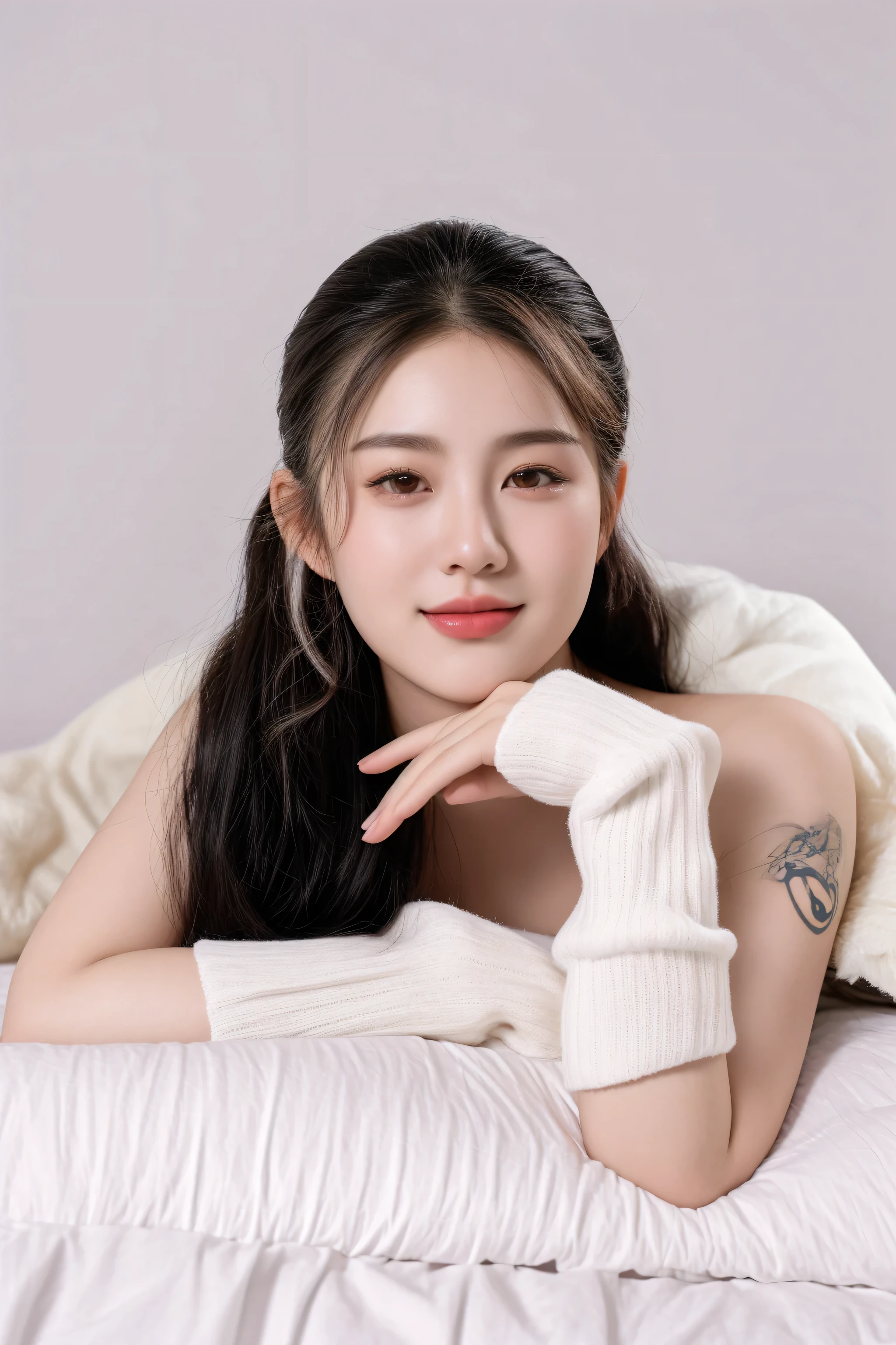 arafed woman laying on a bed with a white blanket, a young asian woman, portrait image, young asian woman, an asian woman, a cute young woman, young asian girl, young cute wan asian face, beautiful young korean woman, chinese girl, of taiwanese girl with tattoos, xision wu, close - up studio photo, cute young woman