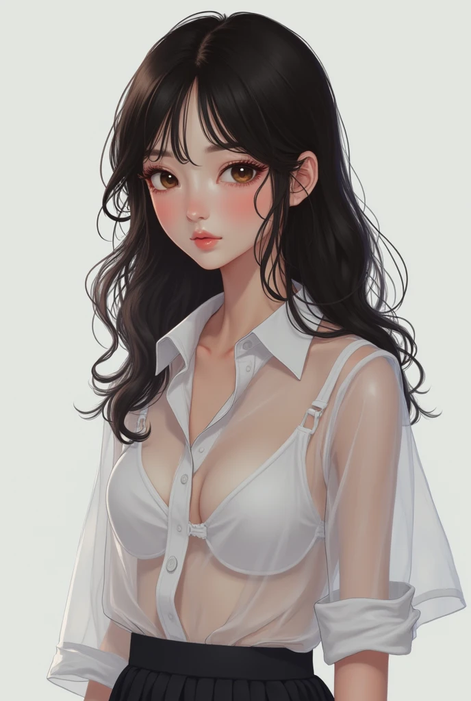 Swarthy Asian Girl 16 years with dark brown hair in school form in white transparency shirt vision nipples realistic style 