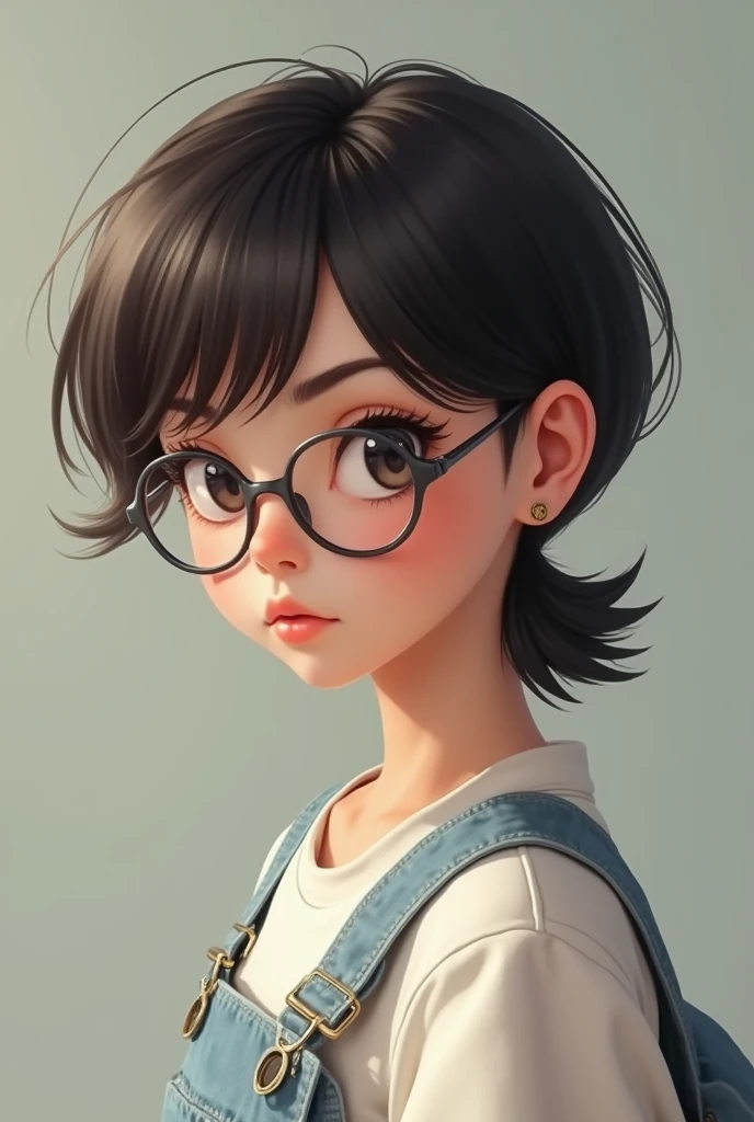A mullet short girl who looks like me and wears grey glasses