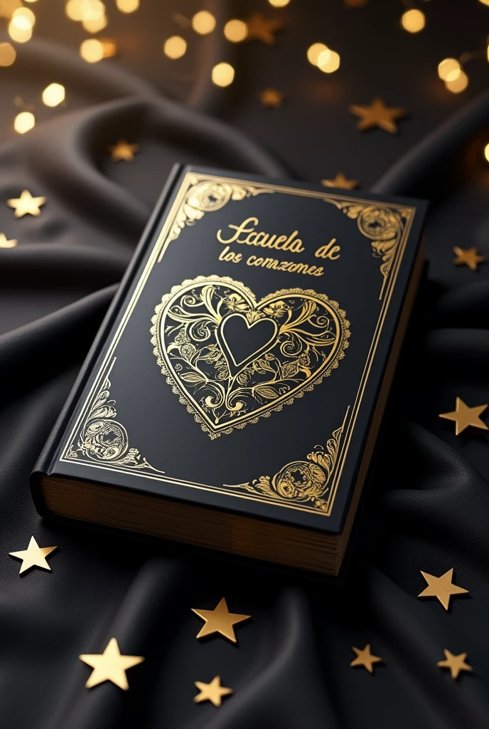 Cover for a book with The tittle "Escuela de los corazones" An elegant black book with a heart in the middle, with beautiful white and golden touches, tittle on top 